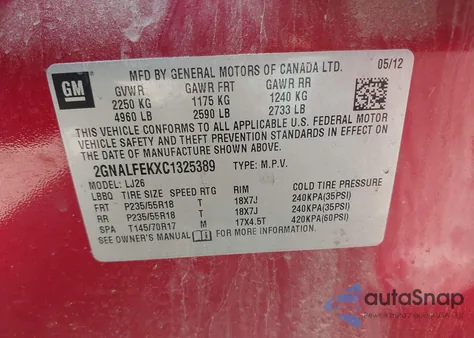 2012 Chevrolet Equinox Ltz z USA, uszkodzony, nr VIN 2GNALFEKXC1325389